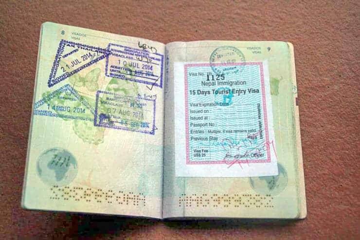 Visado de Nepal estampado en el pasaporte