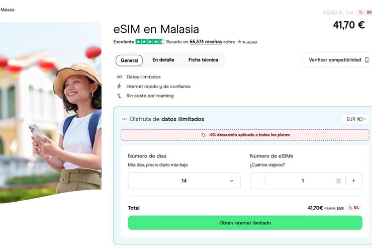 Precios de la eSIM de Holafly para Malasia