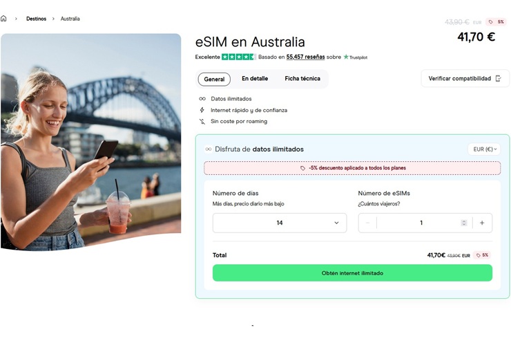 Precios de las eSIM de Holafly en Australia