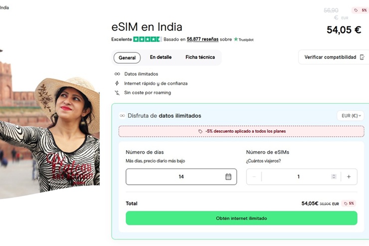 Precio de la eSIM de Holafly para India