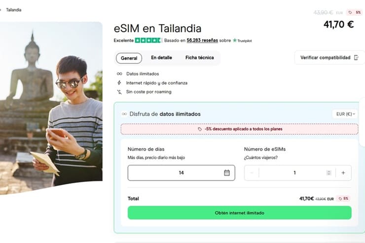 Precio de la eSIM de Holafly para Tailandia