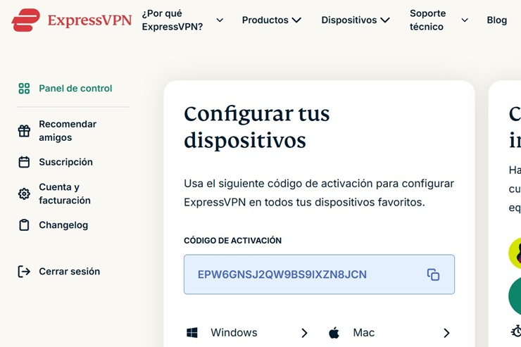 Panel de configuración de ExpressVPN